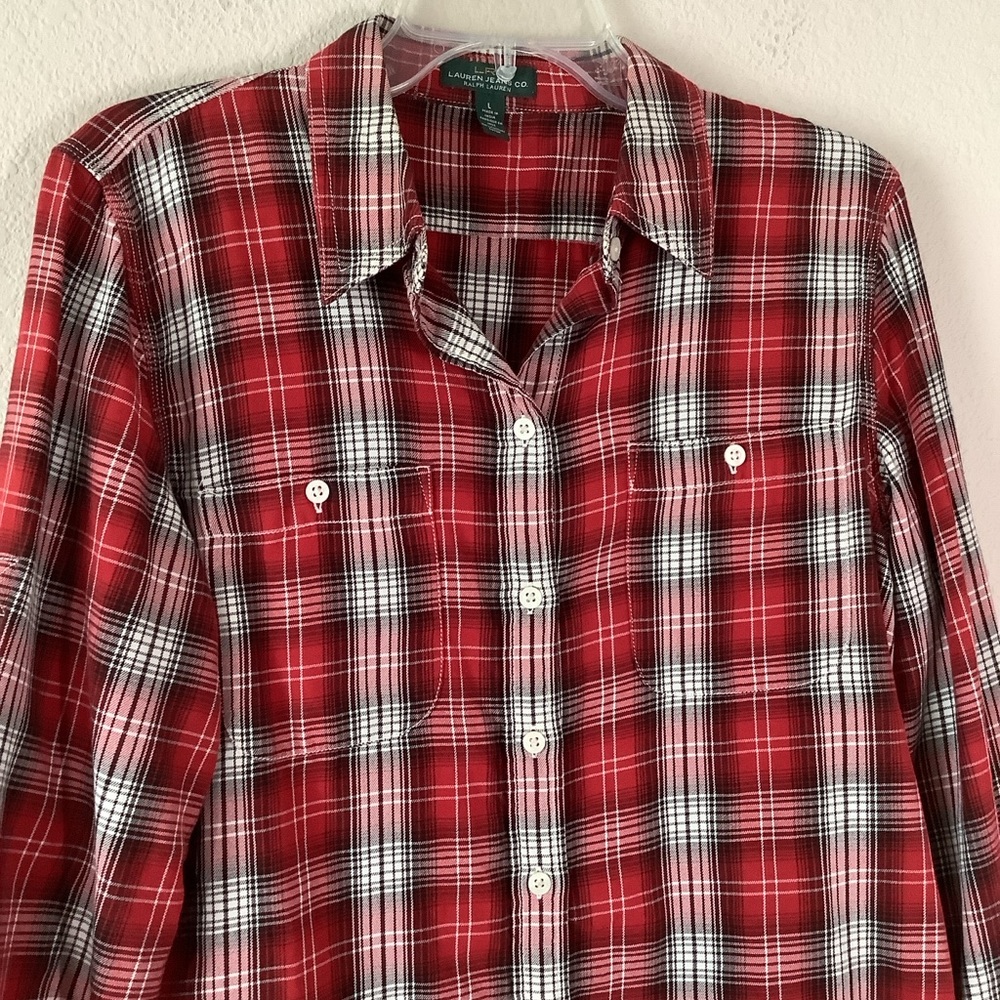 LAUREN RL Cotton Button Up Shirt L Plaid Lightweight Preppy Equestrian Spring - Picture 7 of 12